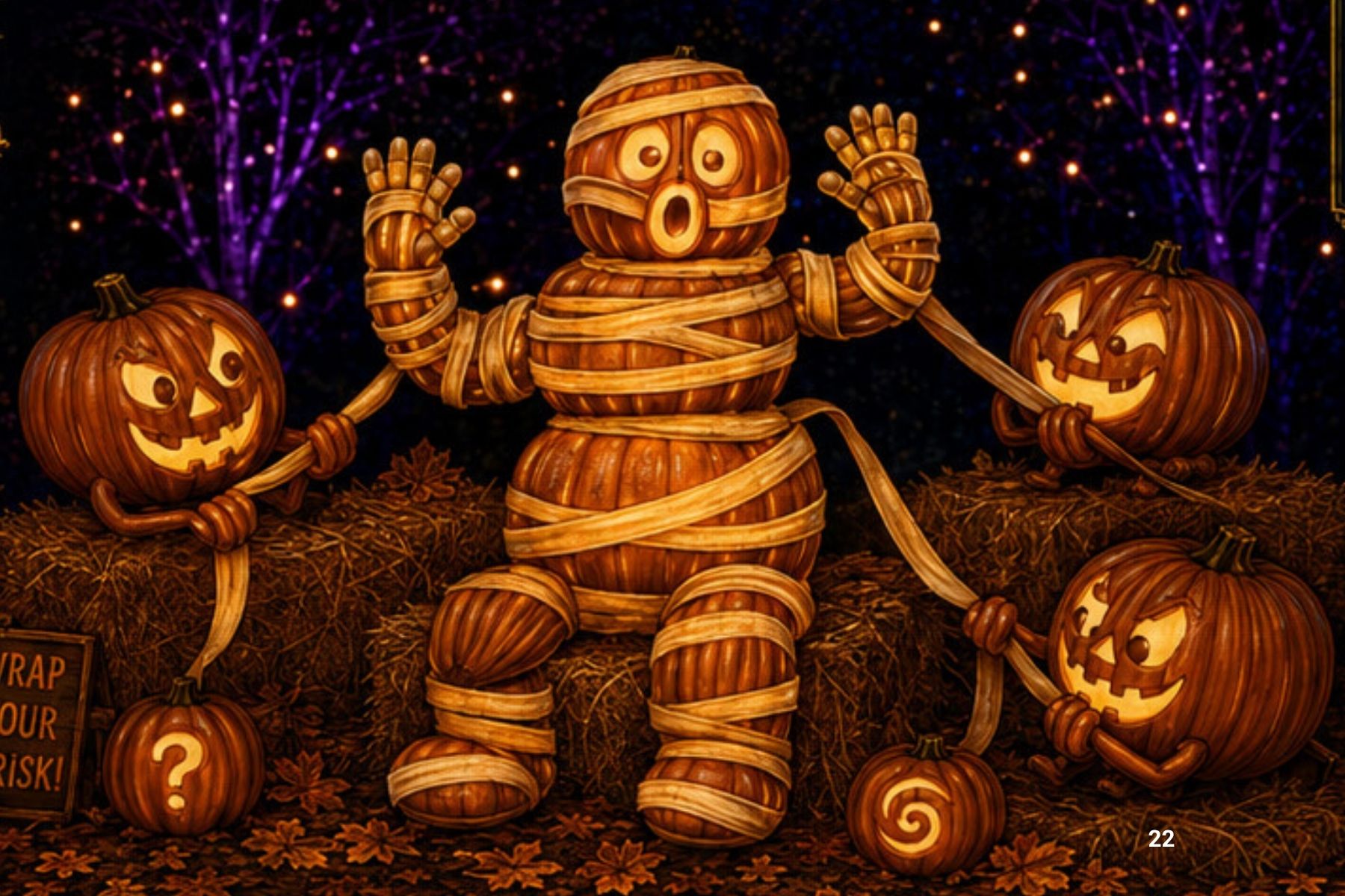 A couple with a carved pumpkin on the trail