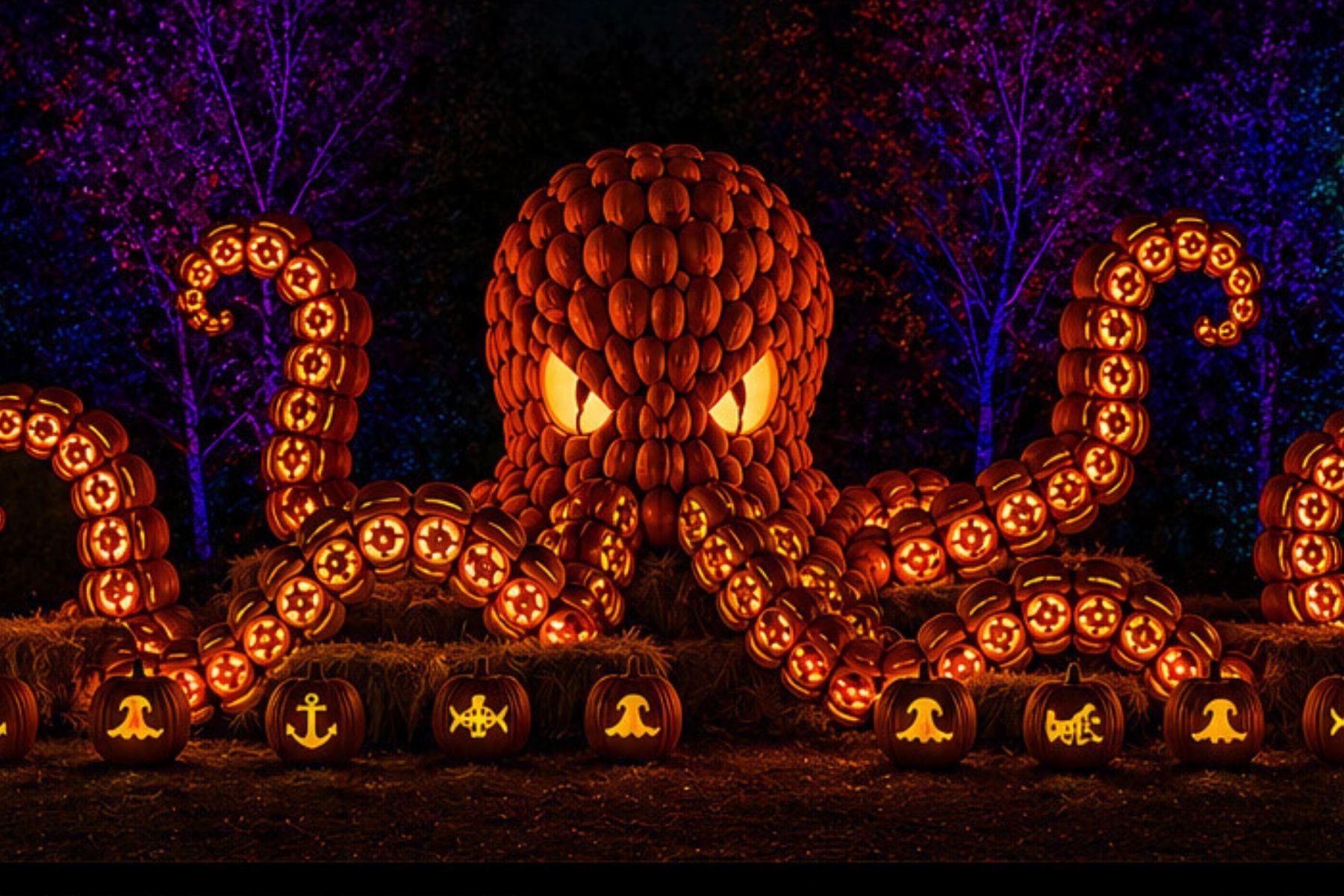 A young child holding a small carved pumpkin